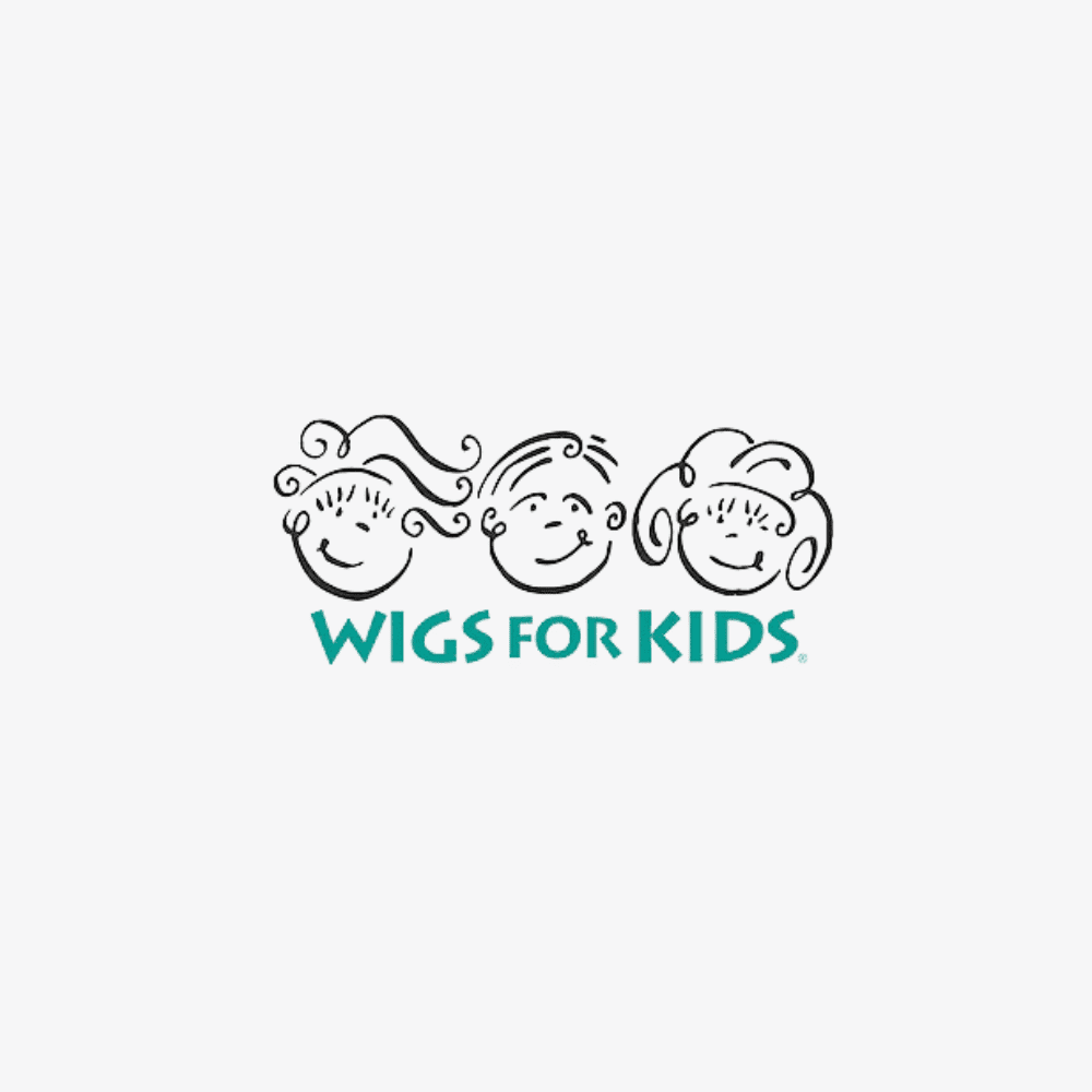 Wigs for Kids logo featuring illustrations of three smiling children with different hairstyles.