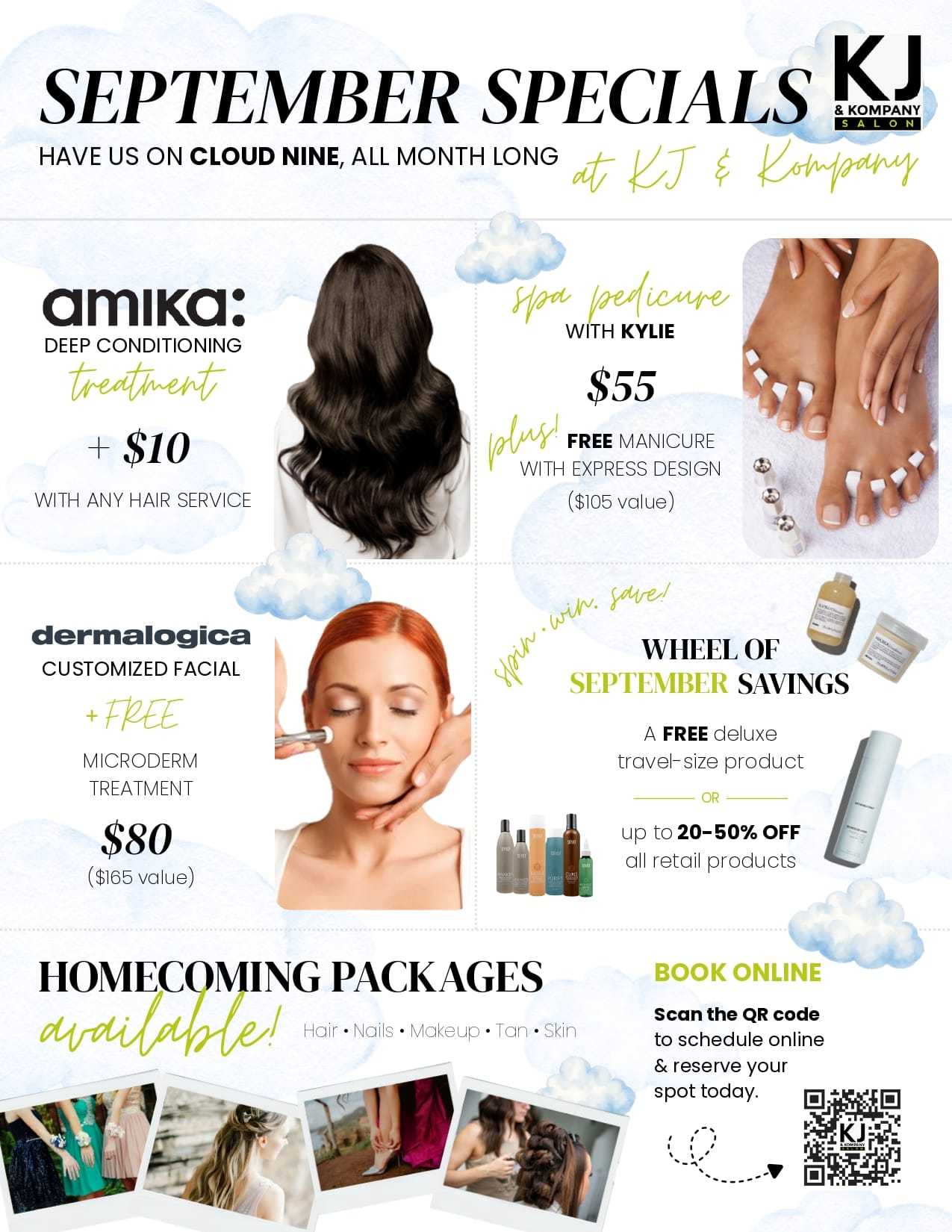 September beauty specials flyer with discounts on skincare and hair treatments plus homecoming packages.