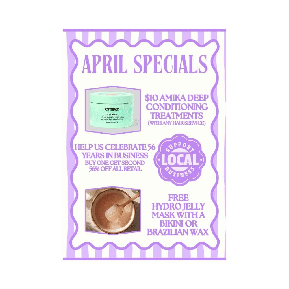 April specials flyer featuring beauty products and discount offers.