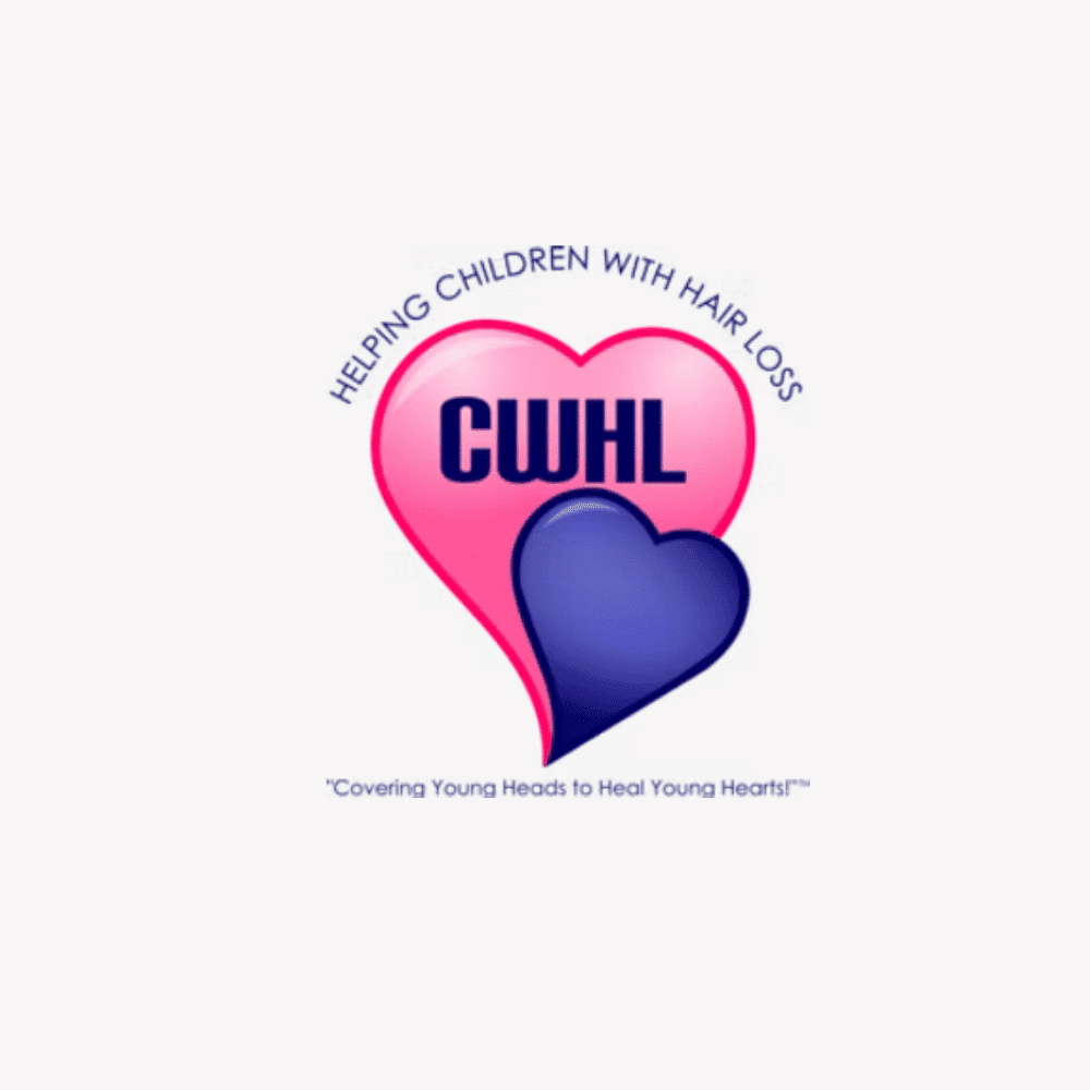 CWHL logo with a pink and blue heart, slogan "Covering Young Heads to Heal Young Hearts".