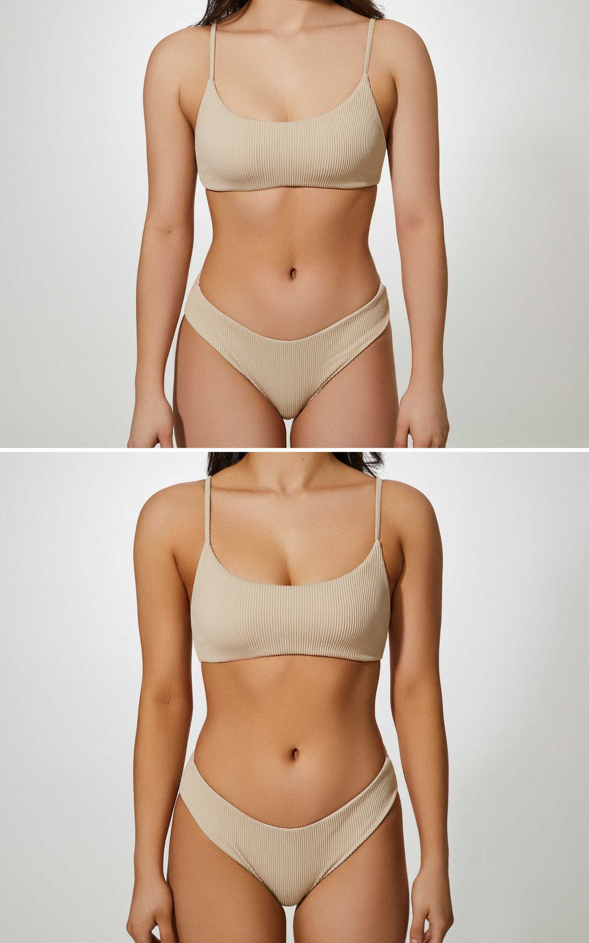 Before and after photos showing a person in a beige bikini, highlighting fitness transformation.