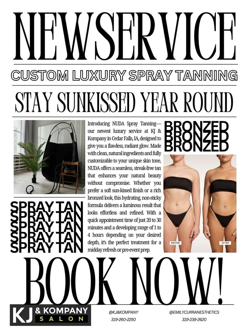 Custom spray tanning ad offering year-round sun-kissed look at KJ & Kompany, Cedar Falls.