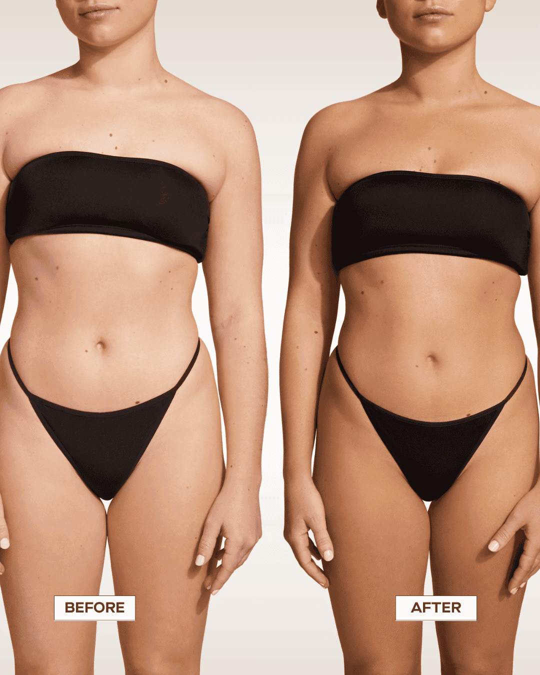 Two women in black swimsuits, labeled "Before" and "After" with visible body transformation.