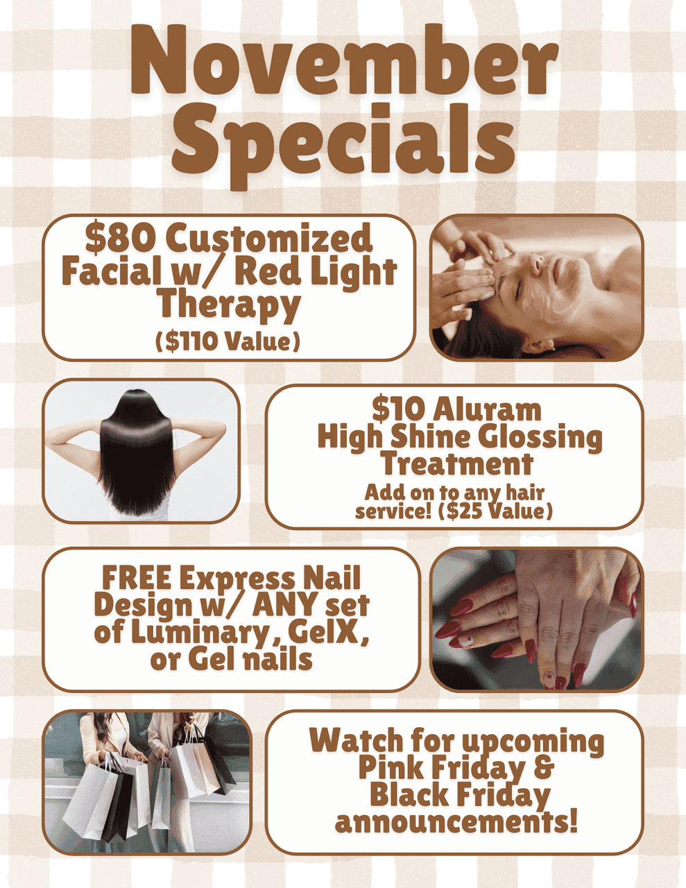 November Specials: Facial, gloss treatment, free nail design, and upcoming sale announcements.
