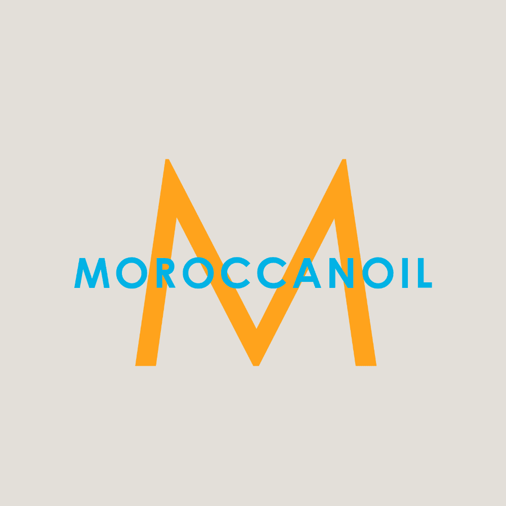 Moroccanoil logo featuring a large orange "M" and blue text on a light background.